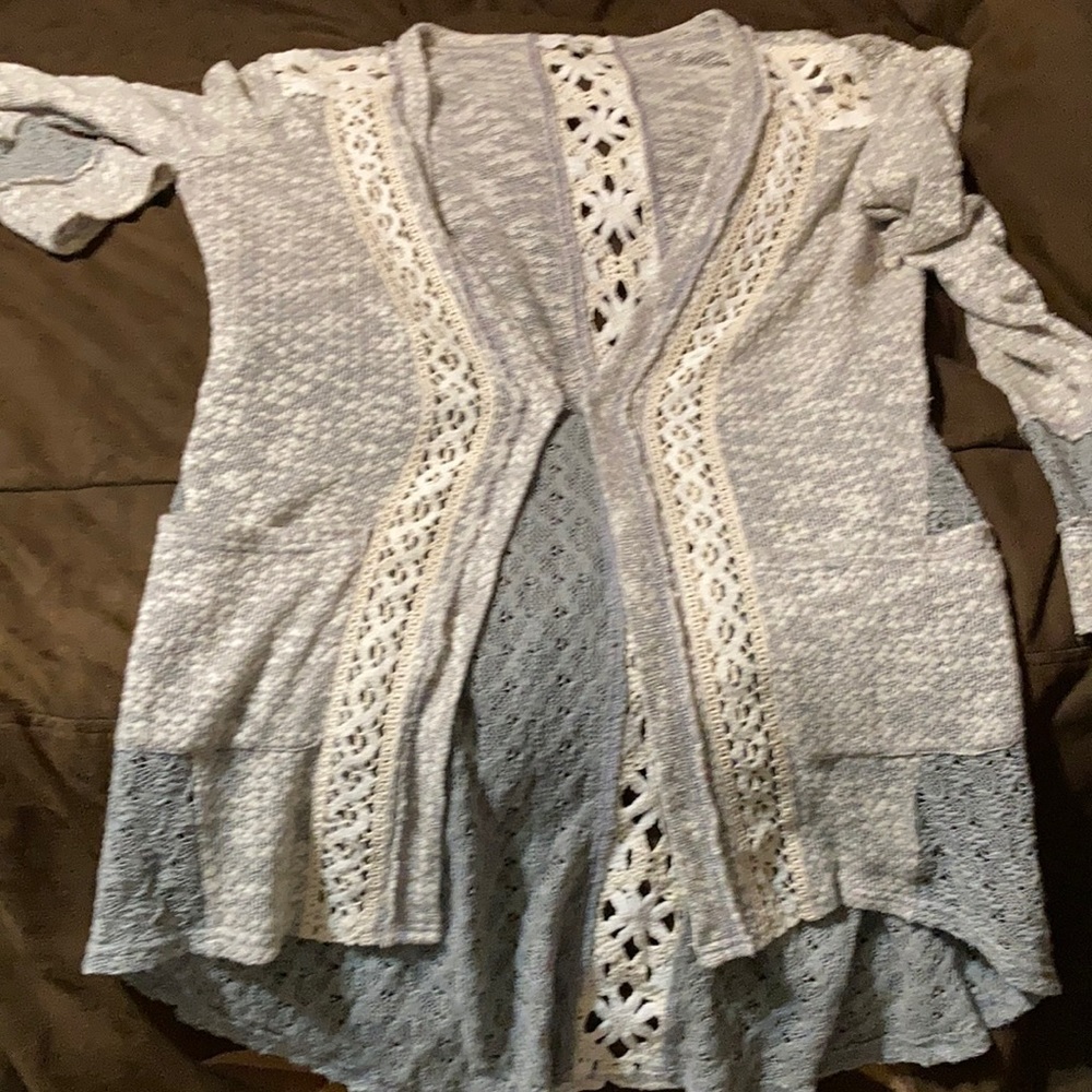 Miss Me Light Gray Crochet Trim Open Cardigan